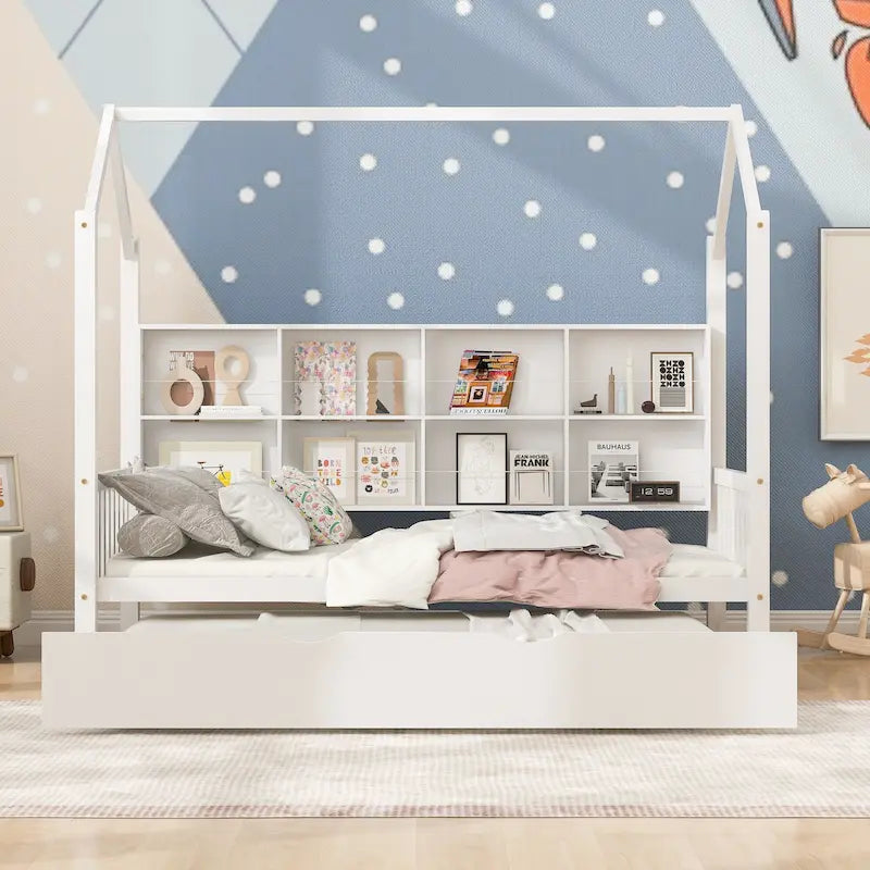 Lit cabane pour enfants avec lit gigogne et étagère de rangement