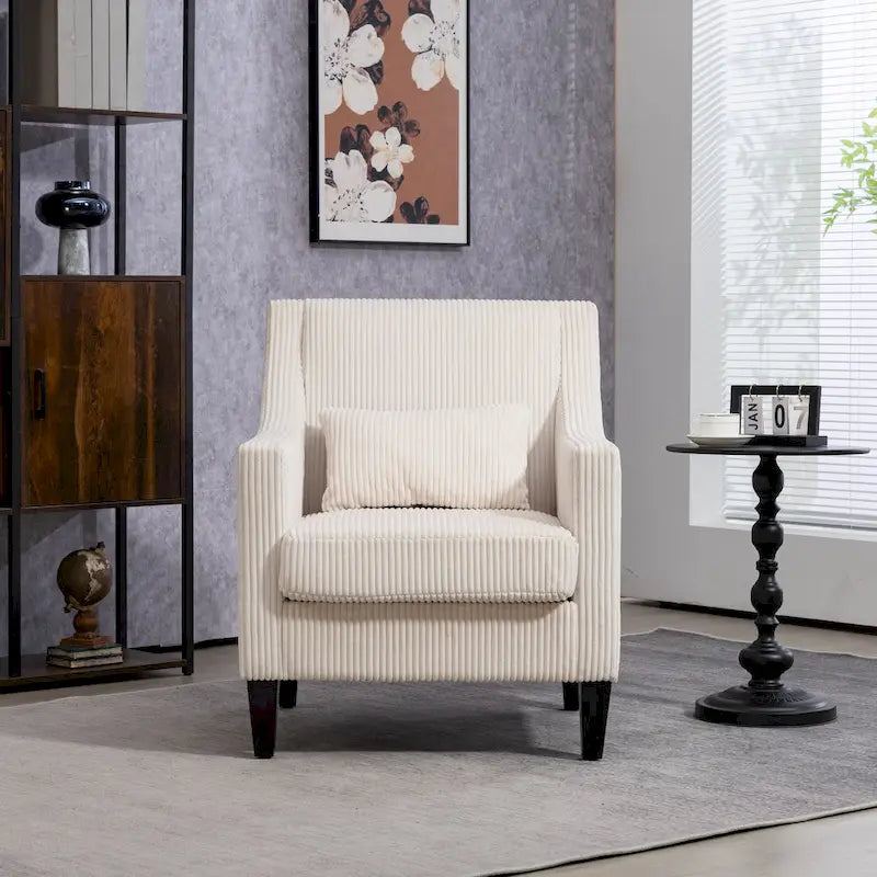 Fauteuil d'appoint en velours côtelé beige avec accoudoirs incurvés et pieds noirs