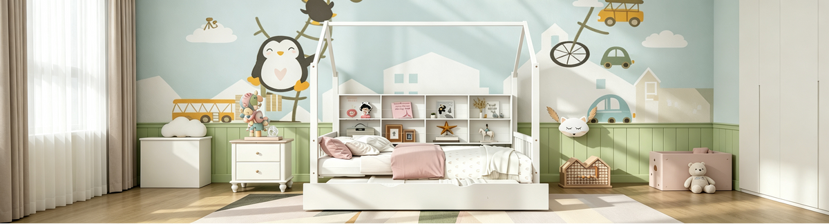 Lit cabane pour enfants avec lit gigogne et étagère de rangement