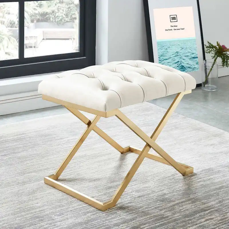 22" Ivory and Gold Contemporary Single Bench with Button Tufting