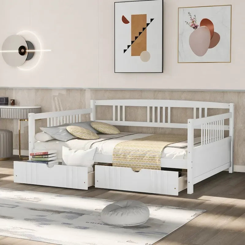 Lit de repos double en bois, avec accoudoirs en bois et deux tiroirs