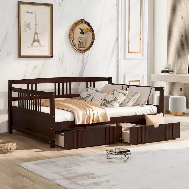 Lit de repos double en bois, avec accoudoirs en bois et deux tiroirs
